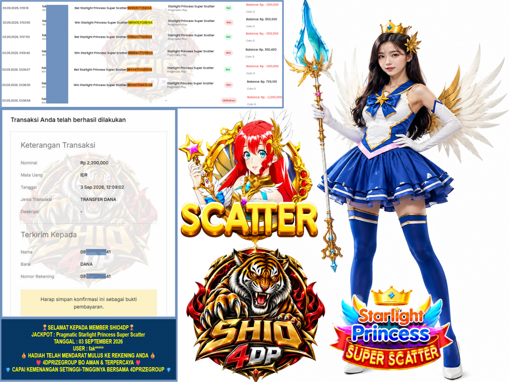 SHIO4DP JACKPOT PRAGMATIC “Starlight Princess Super Scatter” Rp.2.200.000,-LUNAS