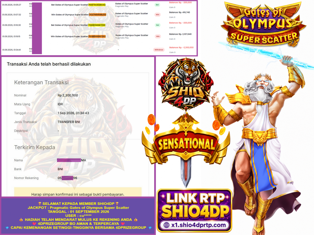 SHIO4DP JACKPOT PRAGMATIC “Gates of Olympus Super Scatter” Rp.2.300.000,-LUNAS