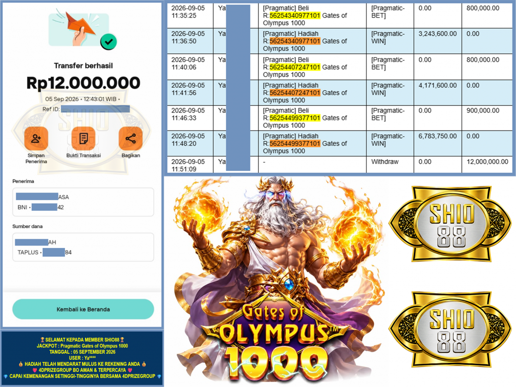 SHIO88 JACKPOT PRAGMATIC “Gates of Olympus 1000” Rp.12.000.000,-LUNAS