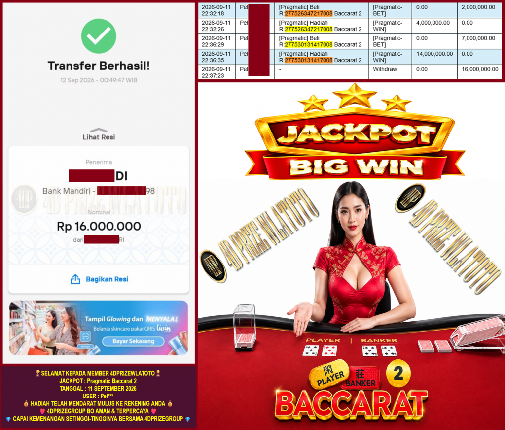 4DPRIZEWLATOTO JACKPOT PRAGMATIC LIVE GAME βBaccarat 2β Rp.16.000.000,-LUNAS