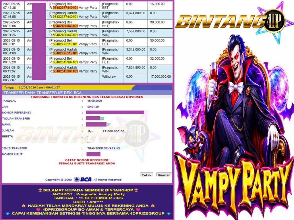 BINTANG4DP JACKPOT PRAGMATIC “Vampy Party” Rp.17.000.000,-LUNAS