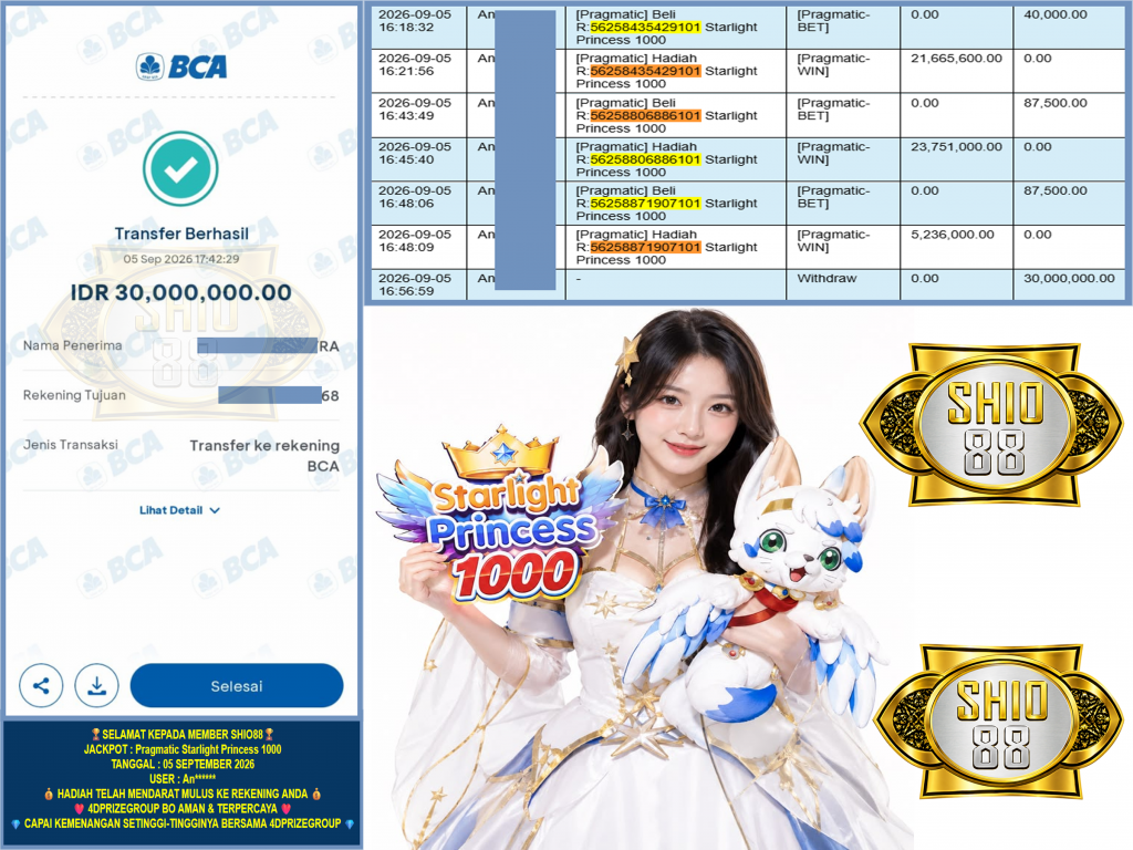 SHIO88 JACKPOT PRAGMATIC “Starlight Princess 1000” Rp.30.000.000,-LUNAS