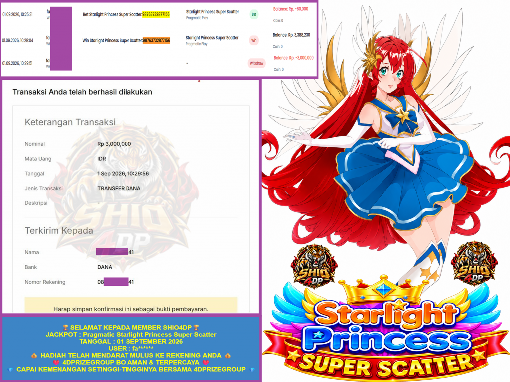 SHIO4DP JACKPOT PRAGMATIC “Starlight Princess Super Scatter” Rp.3.000.000,-LUNAS