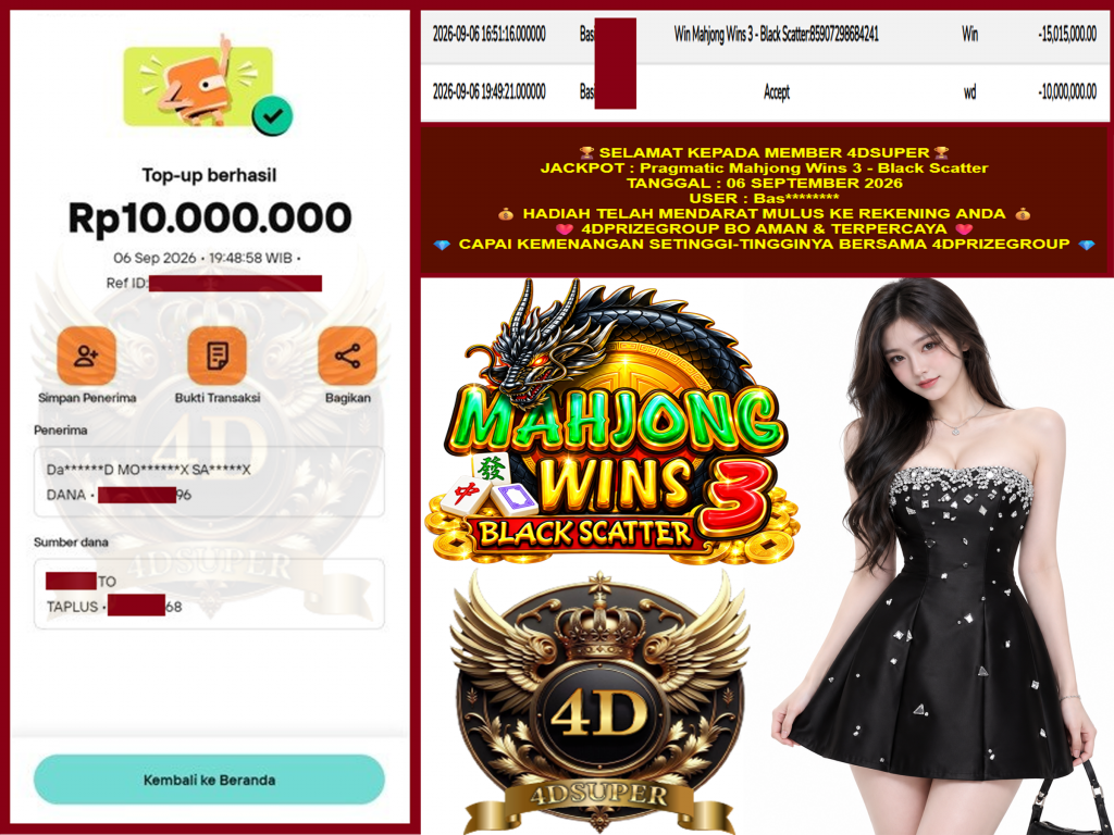 4DSUPER JACKPOT PRAGMATIC โMahjong Wins 3 โ Black Scatterโ Rp.10.000.000,-LUNAS