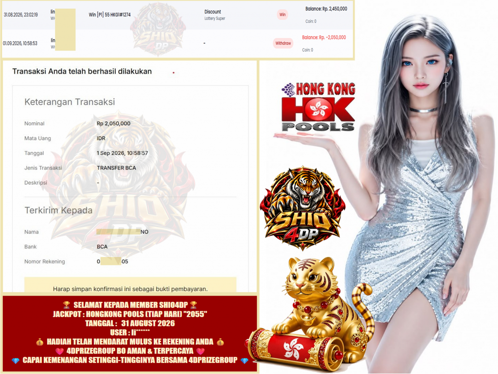 SHIO4DP JACKPOT HONGKONG POOLS (TIAP HARI) “2055” Rp.2.050.000 ,- LUNAS