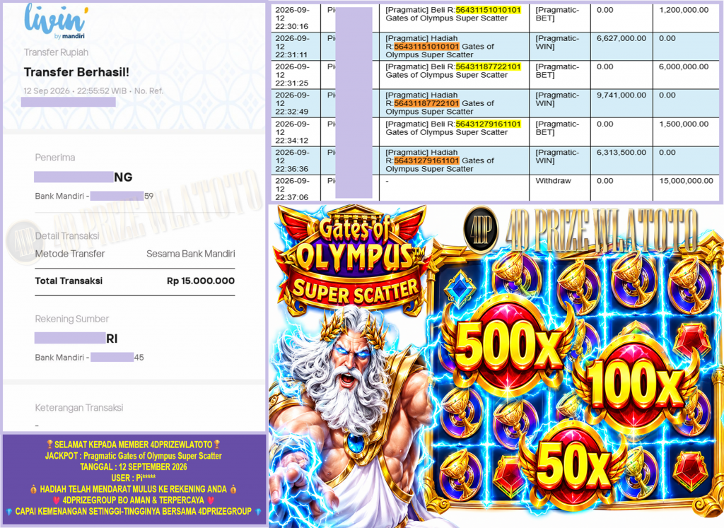 4DPRIZEWLATOTO JACKPOT PRAGMATIC “Gates of Olympus Super Scatter” Rp.15.000.000,-LUNAS