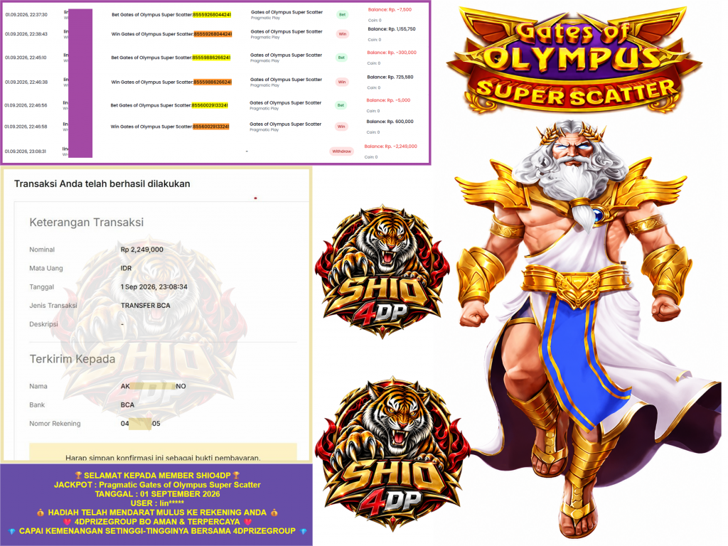 SHIO4DP JACKPOT PRAGMATIC “Gates of Olympus Super Scatter” Rp.2.249.000,-LUNAS
