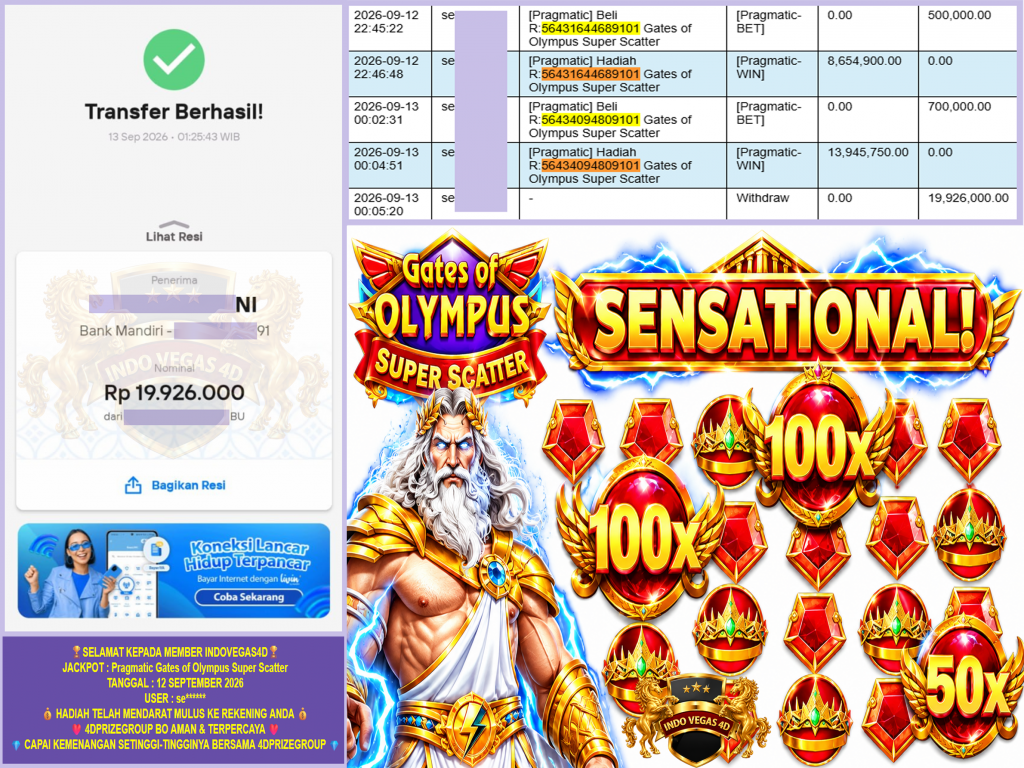 INDOVEGAS4D JACKPOT PRAGMATIC “Gates of Olympus Super Scatter” Rp.19.926.000,-LUNAS