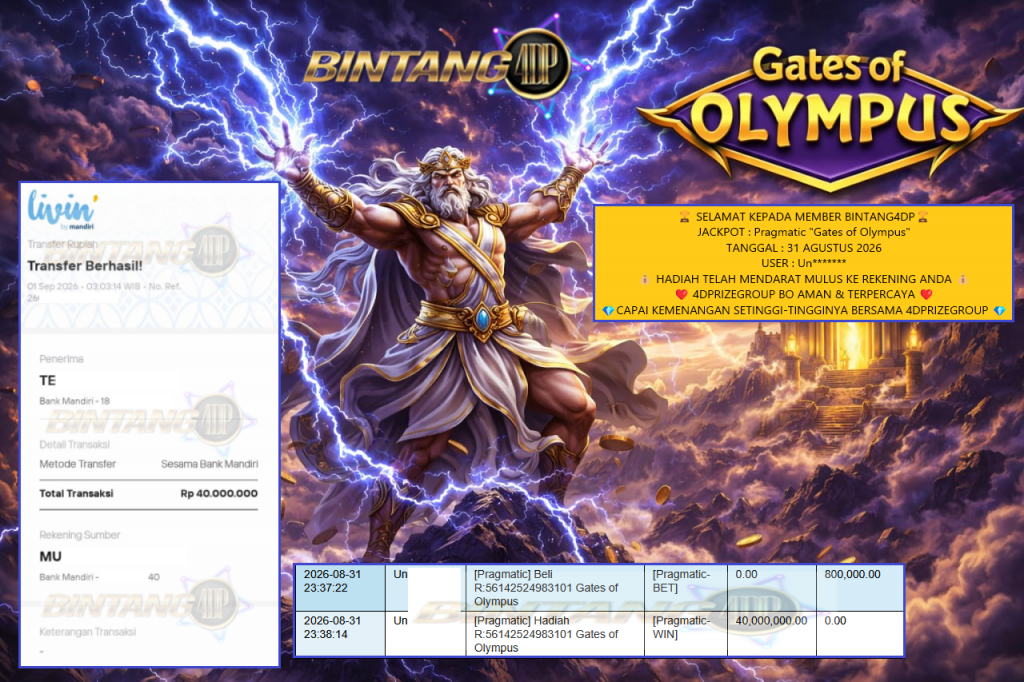 BINTANG4DP JACKPOT : Pragmatic “Gates of Olympus” Rp40.000.000,- LUNAS