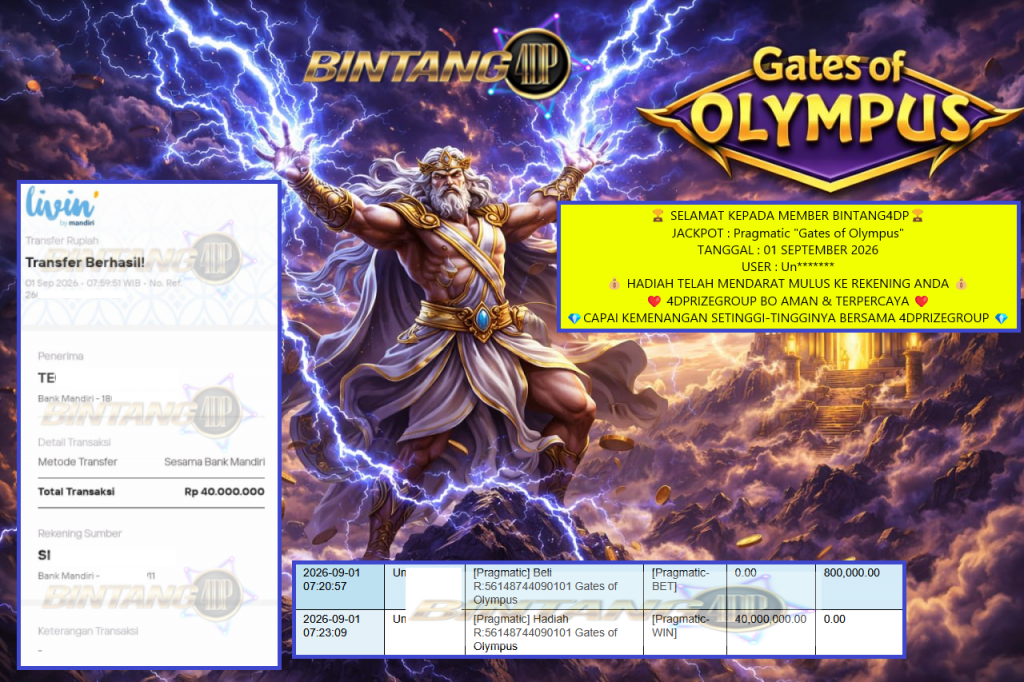 BINTANG4DP JACKPOT : Pragmatic “Gates of Olympus” Rp40.000.000,- LUNAS
