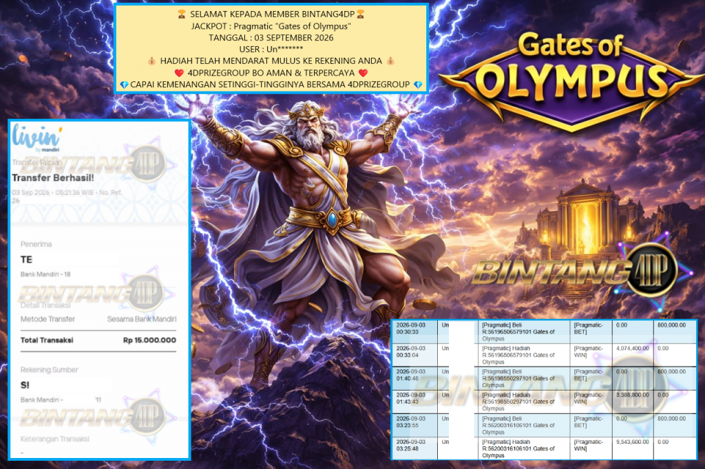 BINTANG4DP JACKPOT : Pragmatic “Gates of Olympus” Rp15.000.000,- LUNAS