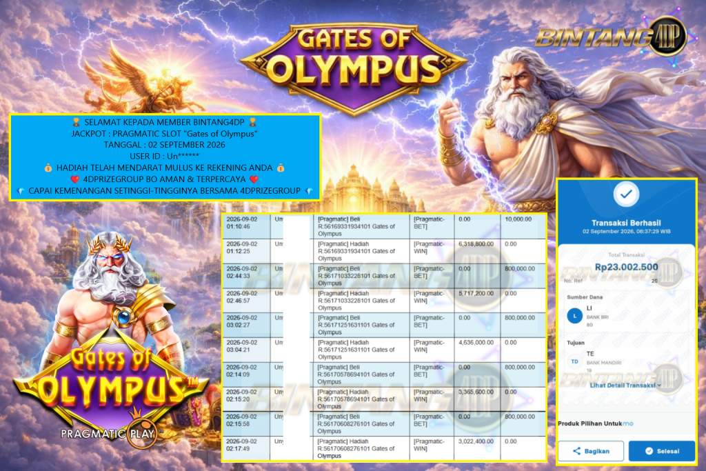 BINTANG4DP JACKPOT : PRAGMATIC SLOT “Gates of Olympus” Rp23.000.000,- LUNAS