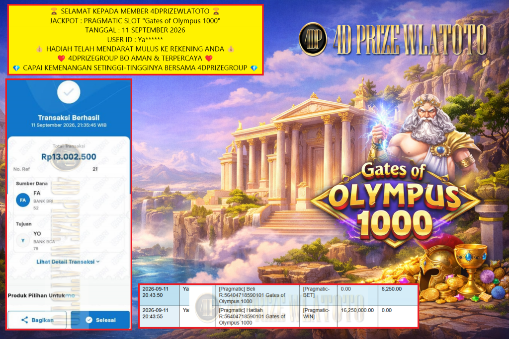 4DPRIZEWLATOTO JACKPOT PRAGMATIC SLOT βGates of Olympus 1000β ββββββββ Rp.13.000.000,-LUNAS