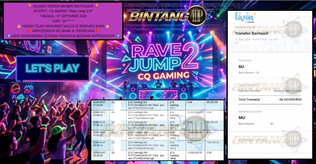 BINTANG4DP JACKPOT CQ GAMING “Rave Jump 2 M” Rp34.000.000,- LUNAS
