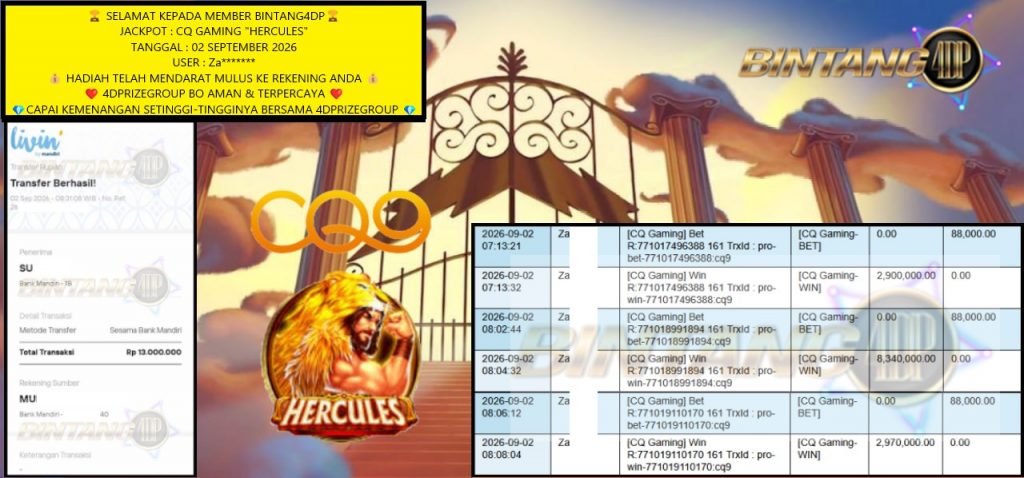 BINTANG4DP JACKPOT : CQ GAMING “HERCULES” Rp13.000.000,- LUNAS