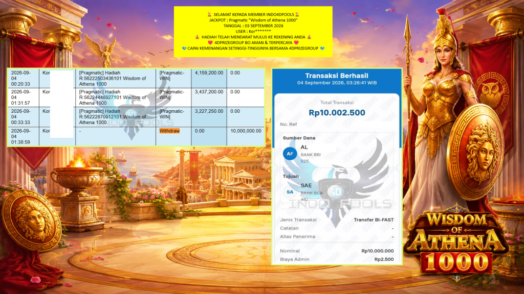 INDO4DPOOLS JACKPOT Pragmatic โWisdom of Athena 1000โ Rp10.000.000,- LUNAS
