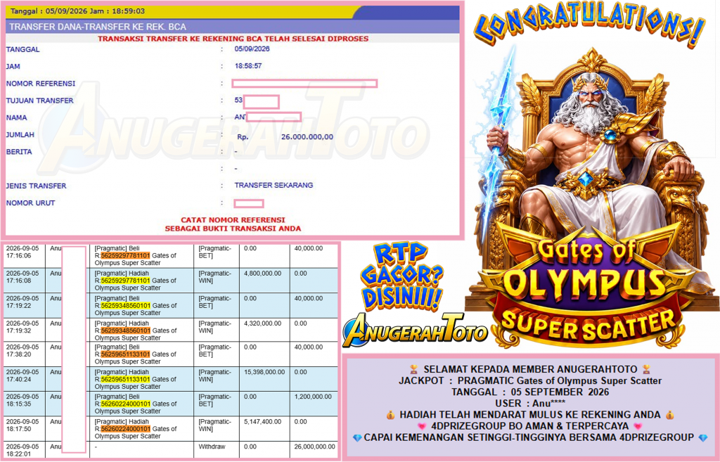ANUGERAHTOTO JACKPOT PRAGMATIC “Gates of Olympus Super Scatter”‎‏‏‎‎ Rp26.000.000,- LUNAS