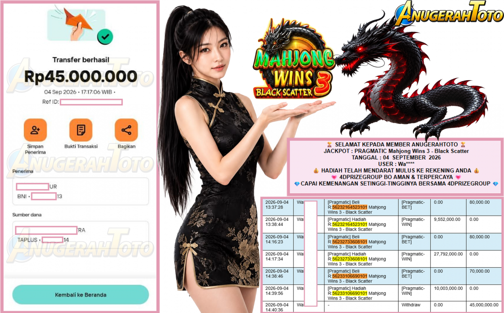 ANUGERAHTOTO JACKPOT PRAGMATIC “Mahjong Wins 3 – Black Scatter” Rp45.000.000,- LUNAS