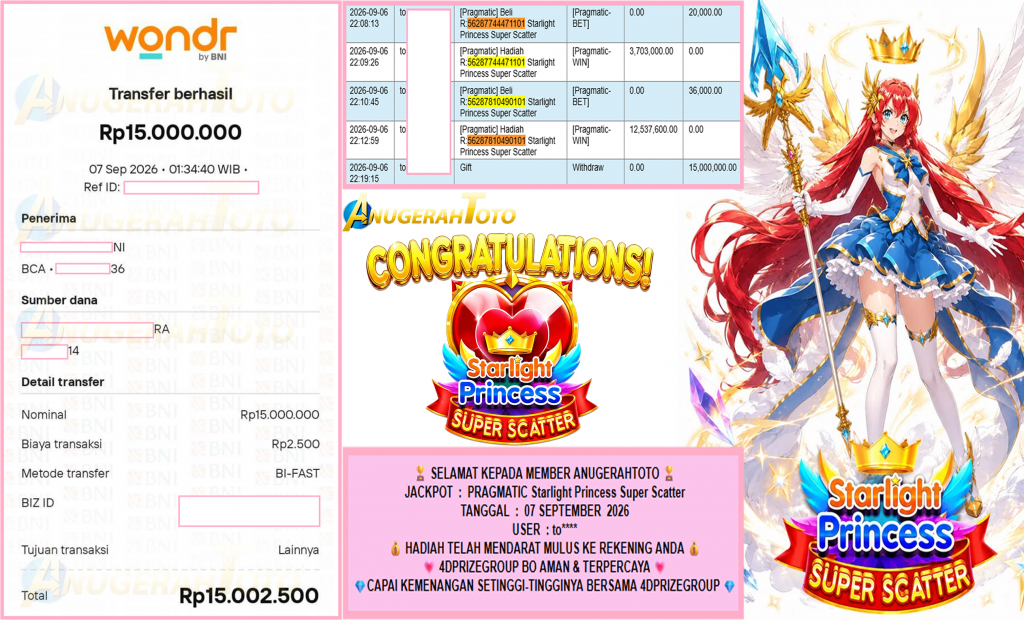 ANUGERAHTOTO JACKPOT PRAGMATIC โStarlight Princess Super Scatterโโโโโโ Rp15.000.000,- LUNAS