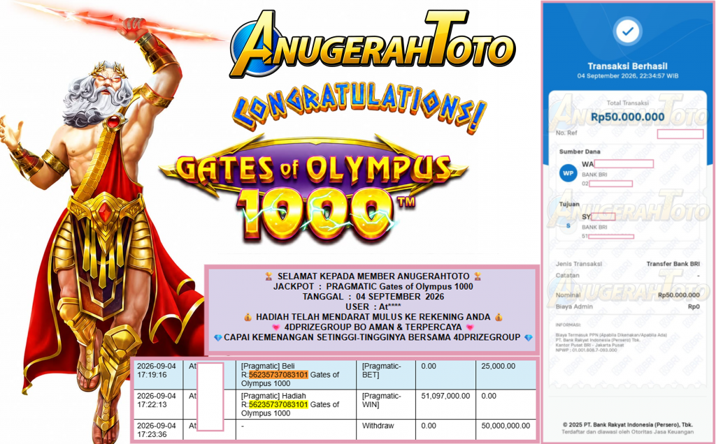 ANUGERAHTOTO JACKPOT PRAGMATIC “Gates of Olympus 1000″ Rp50.000.000,- LUNAS