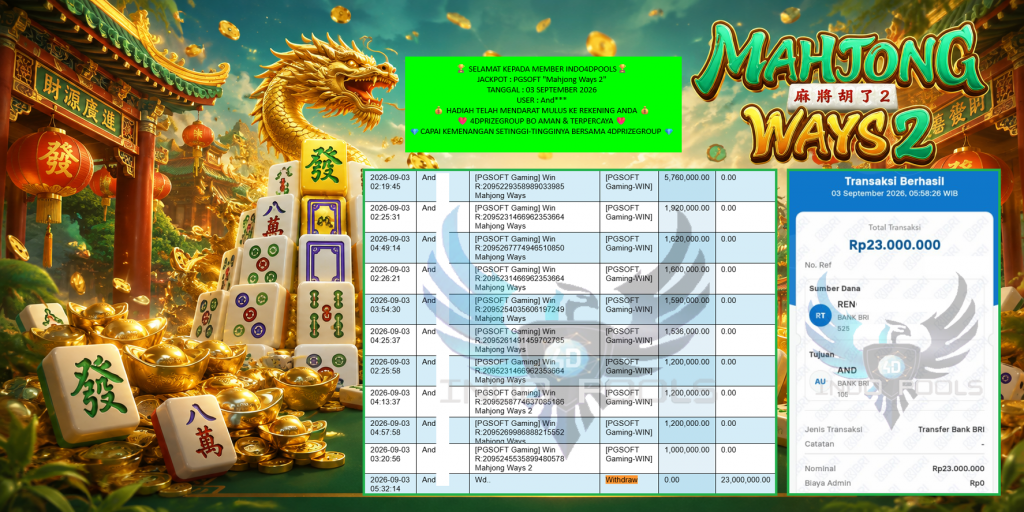 INDO4DPOOLS JACKPOT PGSOFT βMahjong Ways 2β Rp23.000.000,- LUNAS