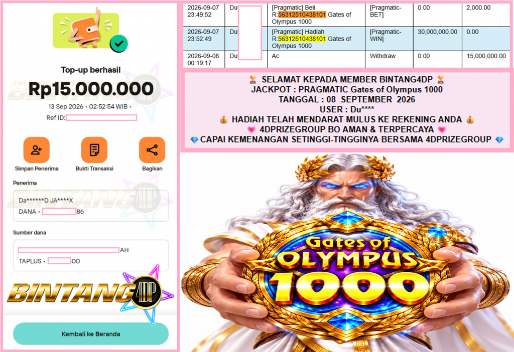 BINTANG4DP JACKPOT PRAGMATIC “Gates of Olympus 1000″ Rp15.000.000,- LUNAS