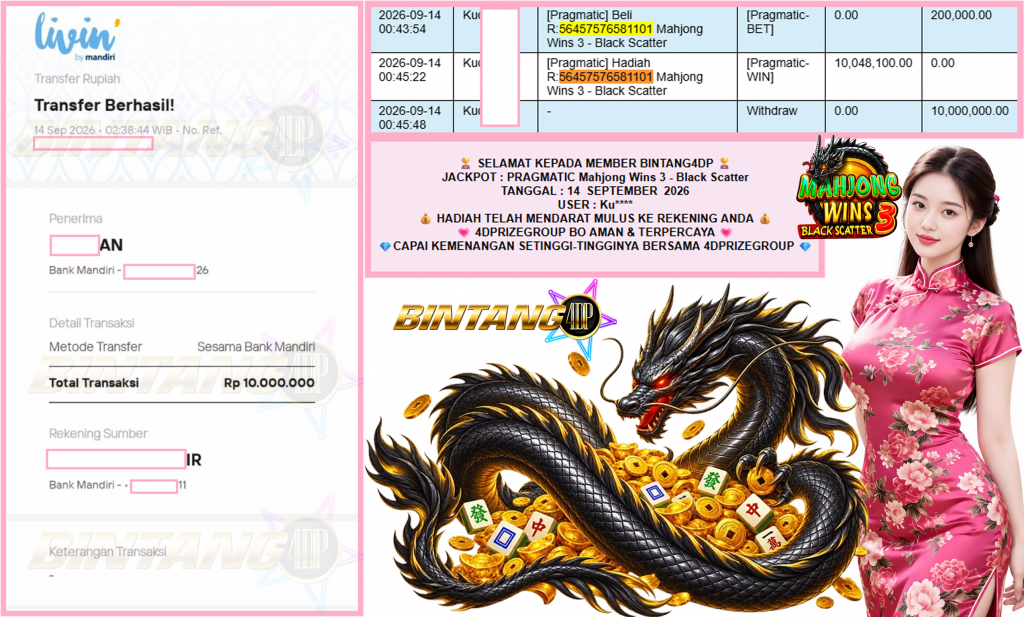 BINTANG4DP JACKPOT PRAGMATIC “Mahjong Wins 3 – Black Scatter” Rp10.000.000,- LUNAS