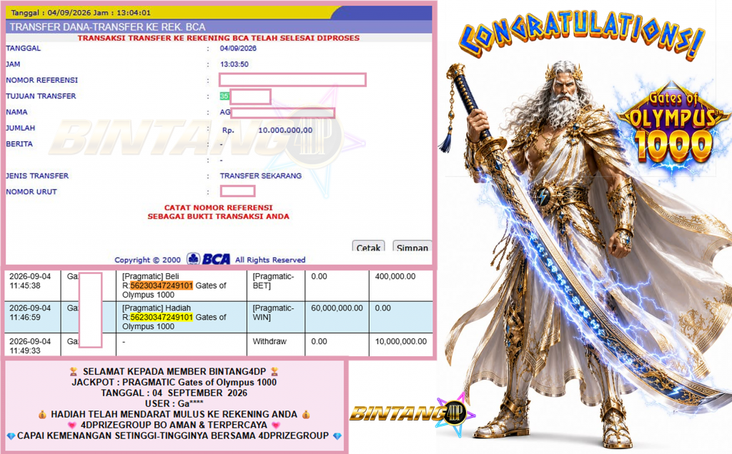 BINTANG4DP JACKPOT PRAGMATIC βGates of Olympus 1000β³βββββ Rp60.000.000,- LUNAS