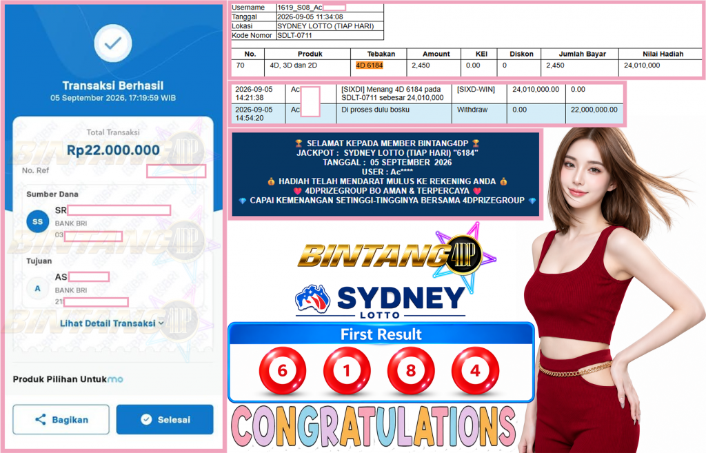 BINTANG4DP JACKPOT SYDNEY LOTTO (TIAP HARI) “6184”‎‏‏‎ Rp22.000.000,- LUNAS