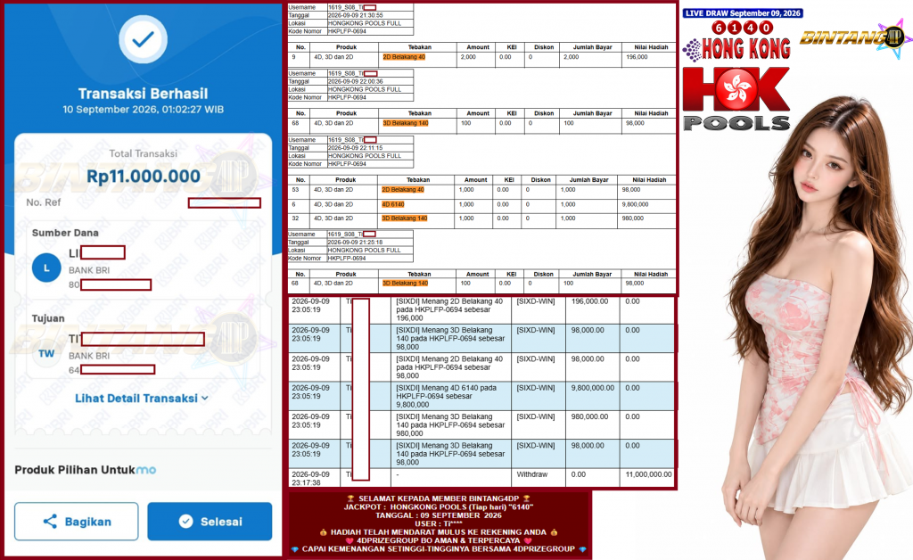 BINTANG4DP JACKPOT HONGKONG POOLS (Tiap hari) “6140” Rp11.000.000,- LUNAS