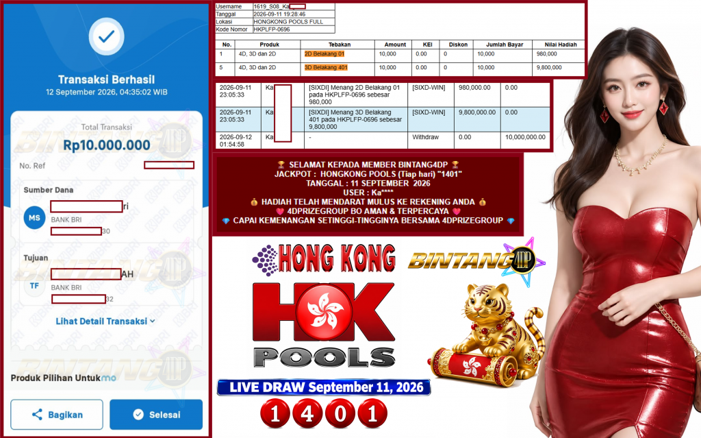 BINTANG4DP JACKPOT HONGKONG POOLS (Tiap hari) “1401”‎‏‏‎‎ Rp10.000.000,- LUNAS