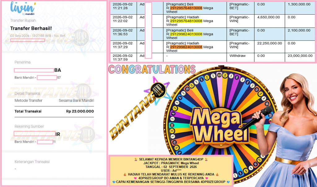 BINTANG4DP JACKPOT PRAGMATIC “Mega Wheel” Rp23.000.000,- LUNAS