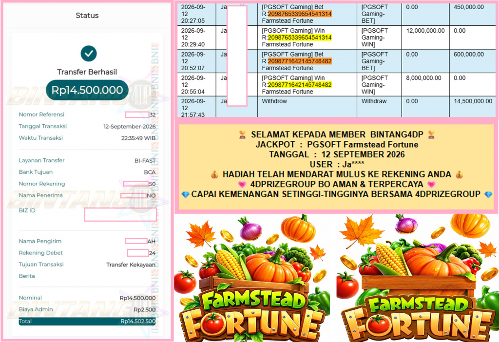 BINTANG4DP JACKPOT PGSOFT “Farmstead Fortune” Rp14.500.000,- LUNAS