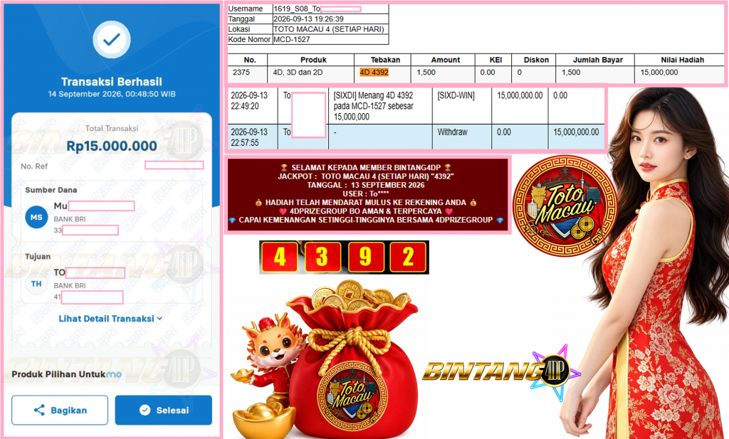 BINTANG4DP JACKPOT TOTO MACAU 4 (SETIAP HARI) โ4392โโโโโ Rp15.000.000,- LUNAS