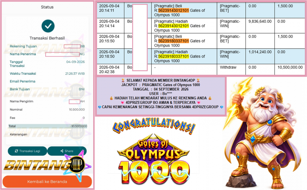 BINTANG4DP JACKPOT PRAGMATIC “Gates of Olympus 1000″ Rp10.500.000,- LUNAS