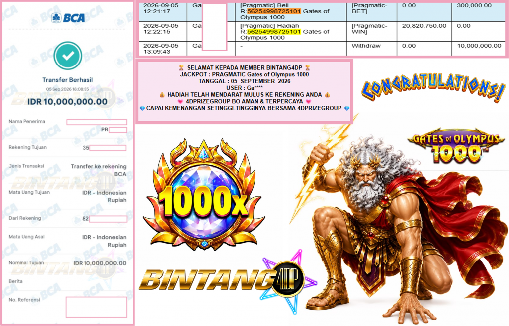 BINTANG4DP JACKPOT PRAGMATIC “Gates of Olympus 1000″‎‏‏‎‎ Rp10.000.000,- LUNAS