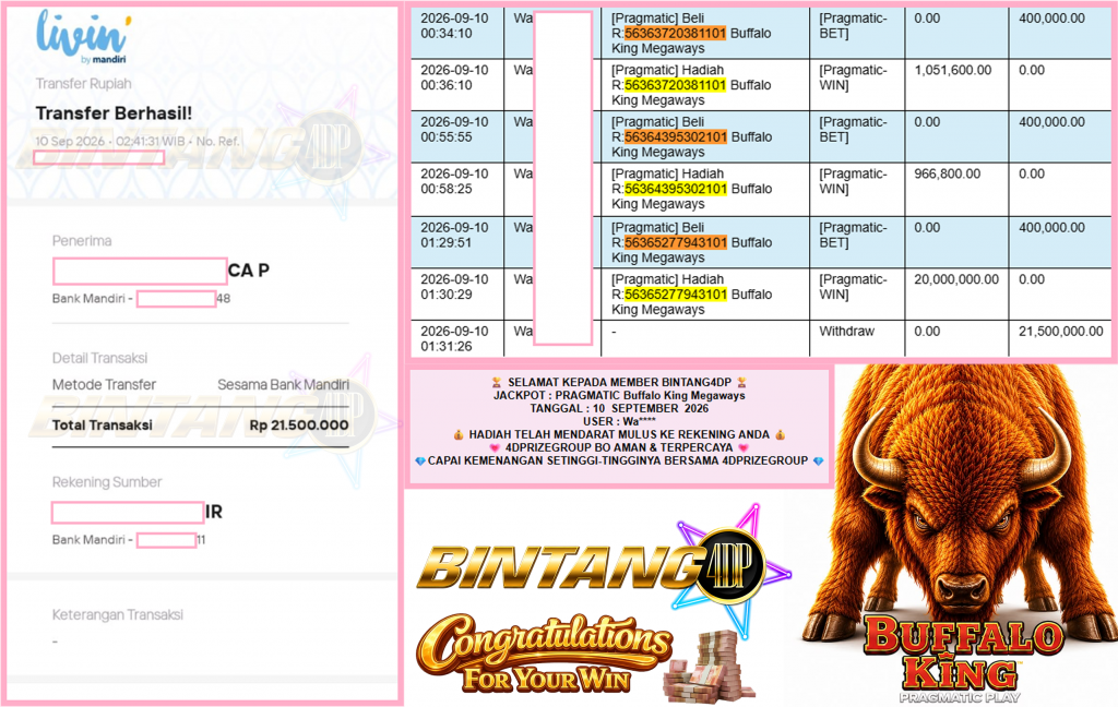 BINTANG4DP JACKPOT PRAGMATIC “Buffalo King Megaways”‎‏‏‎‎ Rp21.500.000,- LUNAS