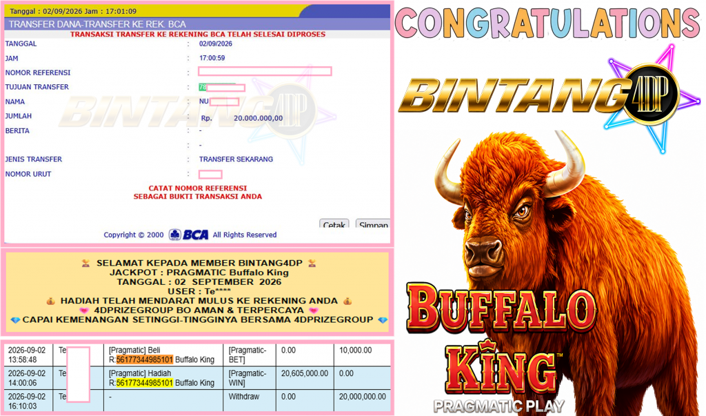 BINTANG4DP JACKPOT PRAGMATIC “Buffalo King” Rp20.000.000,- LUNAS