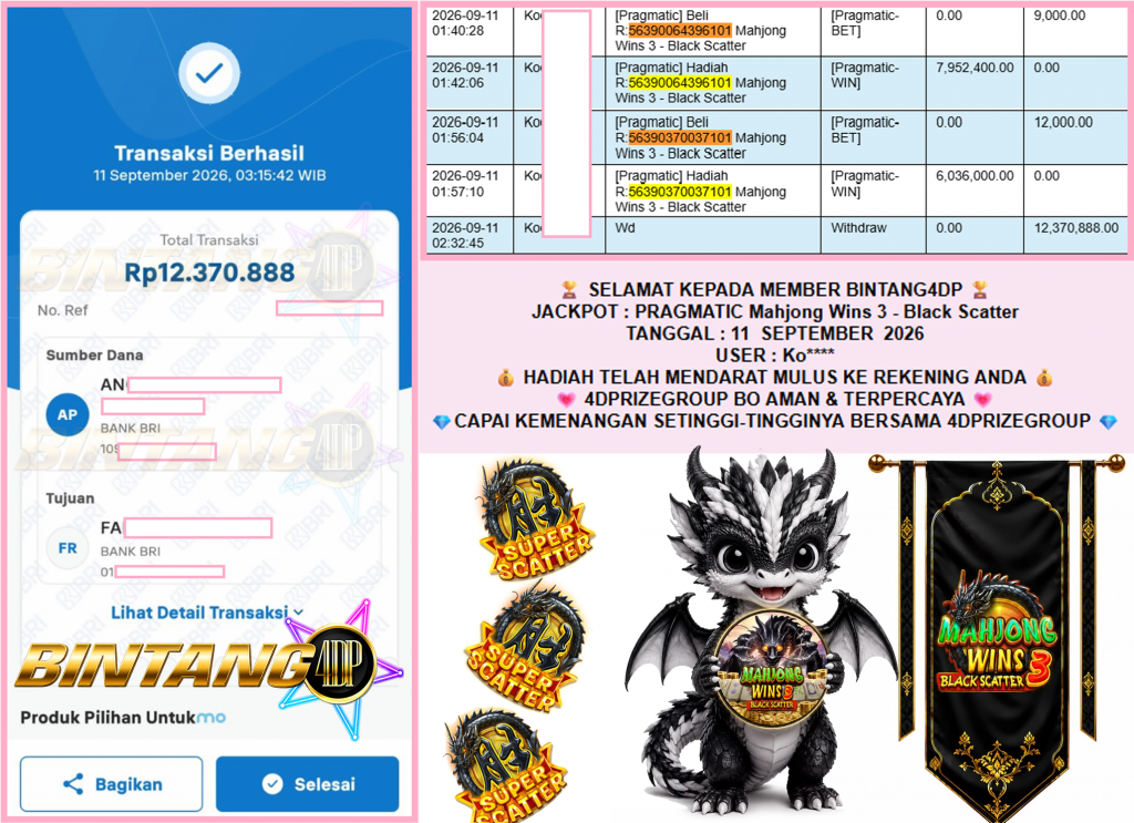 BINTANG4DP JACKPOT PRAGMATIC “Mahjong Wins 3 – Black Scatter” Rp12.370.888,- LUNAS