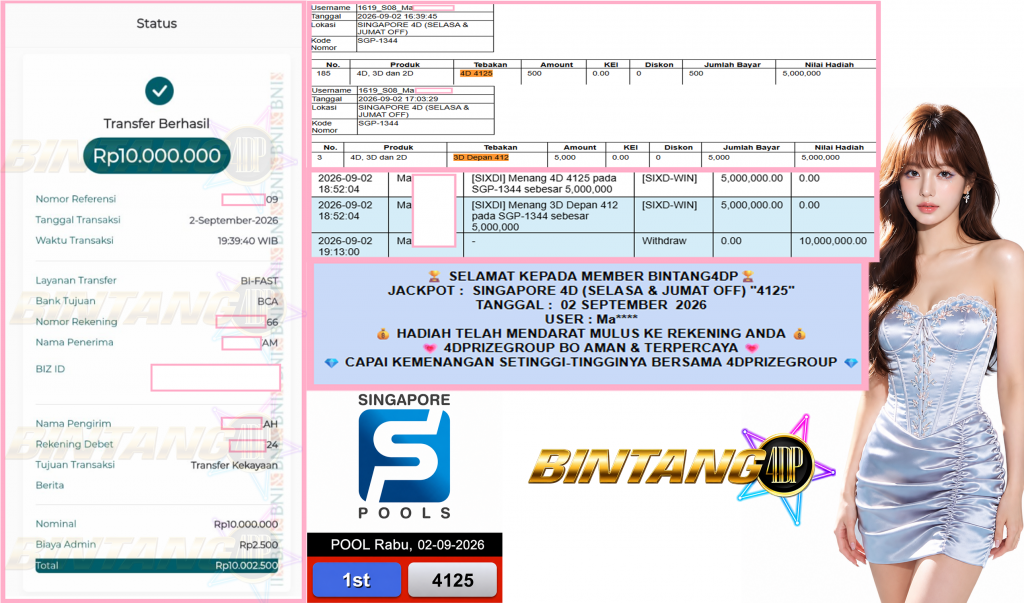 BINTANG4DP JACKPOT SINGAPORE 4D (SELASA & JUMAT OFF) “4125” Rp10.000.000,- LUNAS