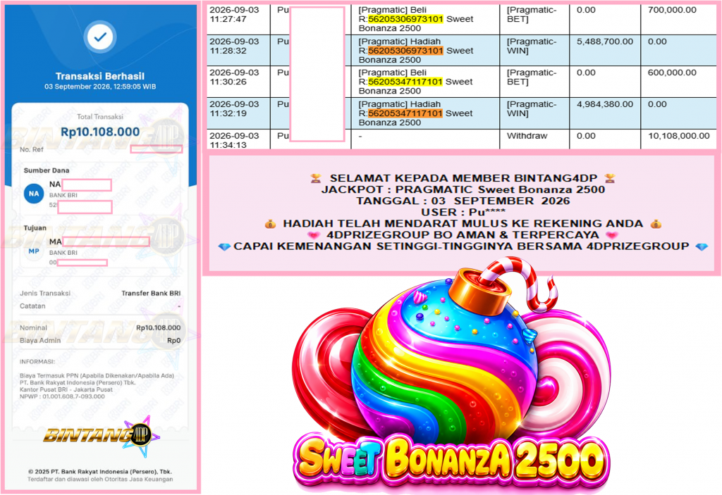 BINTANG4DP JACKPOT PRAGMATIC “Sweet Bonanza 2500″ Rp10.108.000,- LUNAS