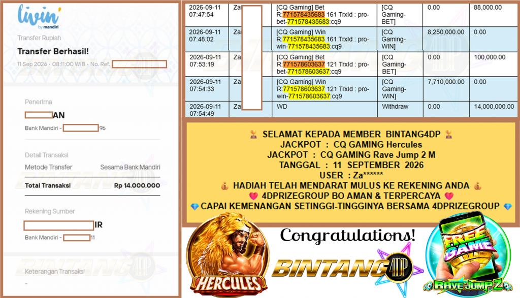 BINTANG4DP JACKPOT CQ GAMING “Hercules” & “Rave Jump 2 M” Rp,14.000.000,- LUNAS