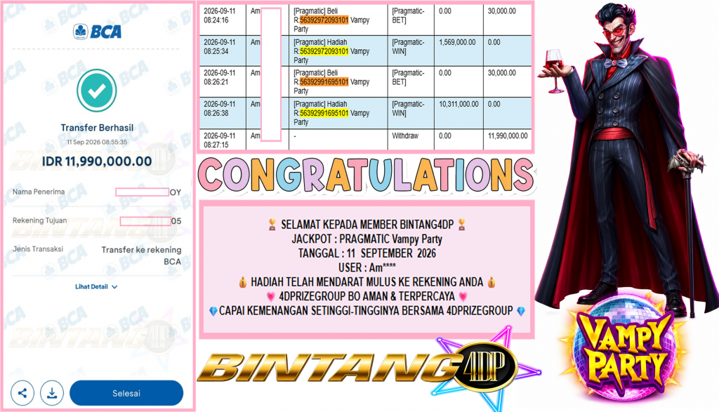 BINTANG4DP JACKPOT PRAGMATIC “Vampy Party” Rp11.990.000,- LUNAS