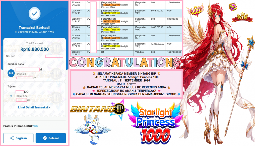 BINTANG4DP JACKPOT PRAGMATIC “Starlight Princess 1000″ Rp16.878.000,- LUNAS