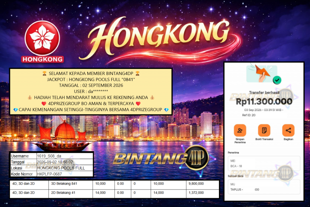 BINTANG4DP JACKPOT HONGKONG POOLS FULL “0841” Rp 11.300.000,- LUNAS