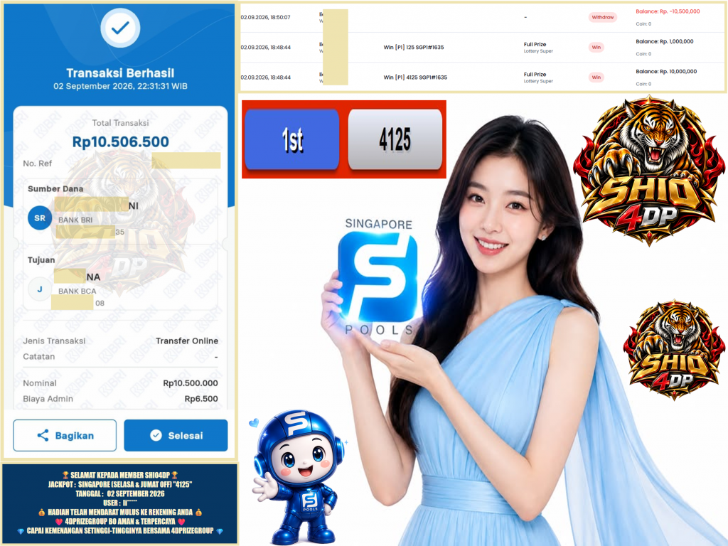 SHIO4DP JACKPOT SINGAPORE (SELASA & JUMAT OFF) “4125” Rp.10.500.000 ,- LUNAS