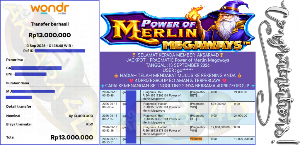 AKSARA4D JACKPOT PRAGMATIC ” Power of Merlin Megaways ” Rp 13,000,000,- LUNAS