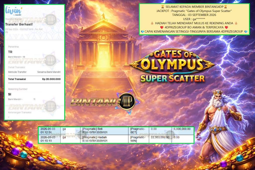 BINTANG4DP JACKPOT Pragmatic “Gates of Olympus Super Scatter” Rp20.000.000,- LUNAS