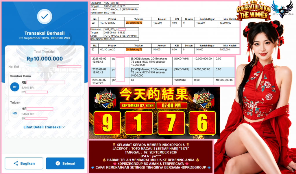INDO4DPOOLS JACKPOT TOTO MACAU 3 (SETIAP HARI) “9176” Rp10.000.000,- LUNAS