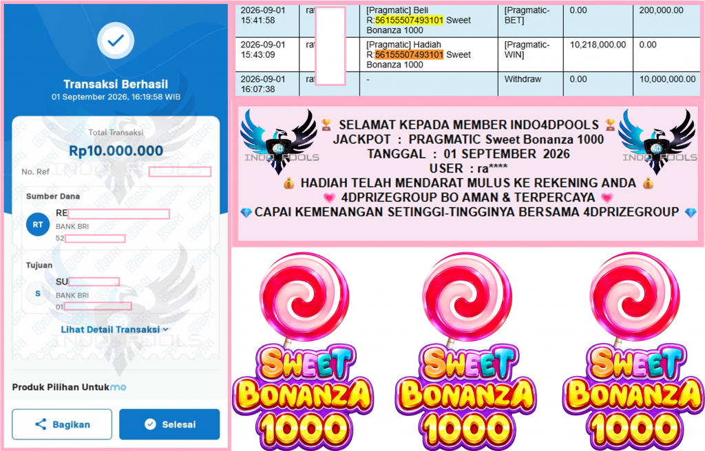 INDO4DPOOLS JACKPOT PRAGMATIC “Sweet Bonanza 1000″ Rp10.000.000,- LUNAS